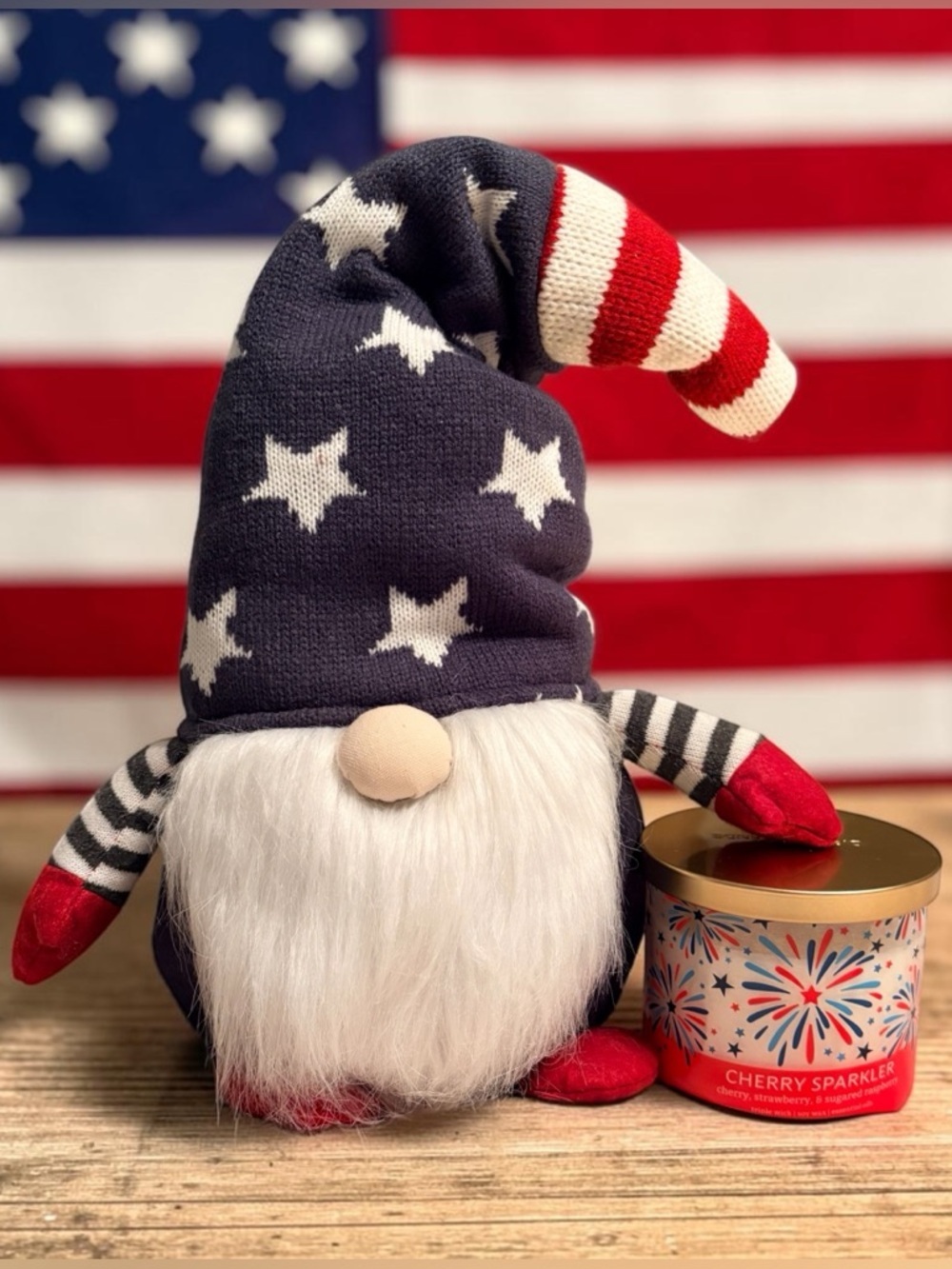 Patriotic 20” Gnome Plush 3 Wick Candle,  30” x 60” American Flag Beach Towel - Picture 2 of 16